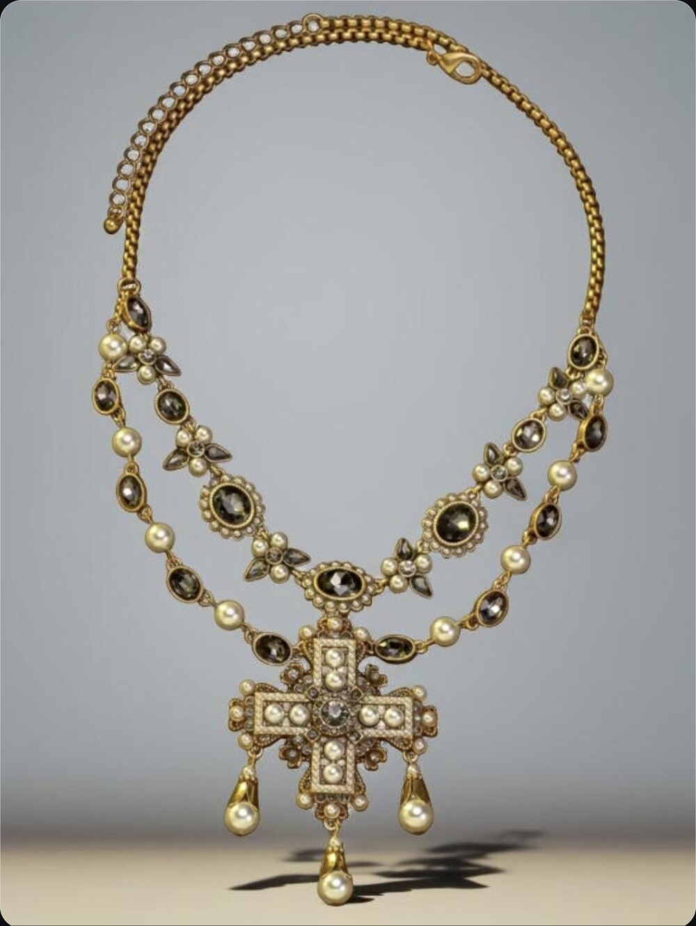 Antique Gold Maltese Cross Drippy Drapey Pearl Crystal Statement Necklace